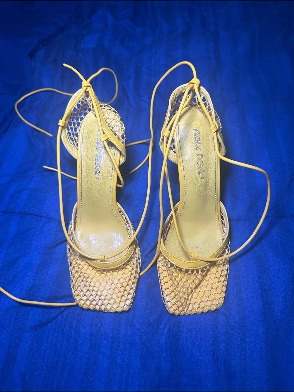 Public Desire Yellow Lace-Up Mesh Heeled Sandals